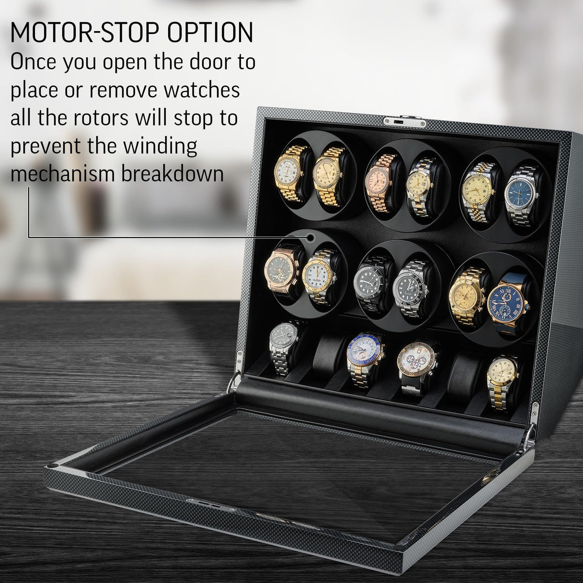 TIMECUBE 12 Watch Winder with 6 Storage Slots, LED Light and Automatic Motor-Stop (Carbon)