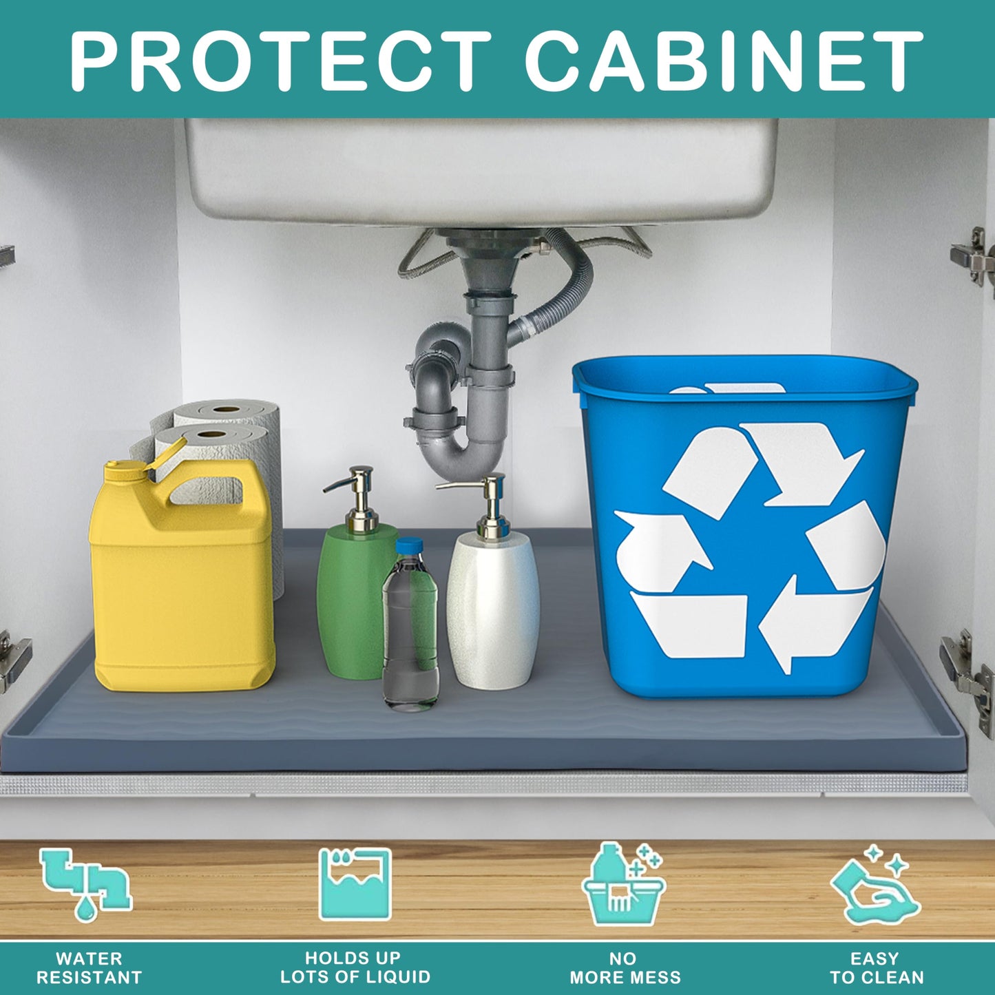 URMONA Waterproof Silicone Under Sink Mat 34'' x 22'' Shelf Liner for Kitchen and Bathroom, Cabinet and Counter Protector, Storage and Organizers, Litter Mat, Pet Cat Puppy Essentials(Black)
