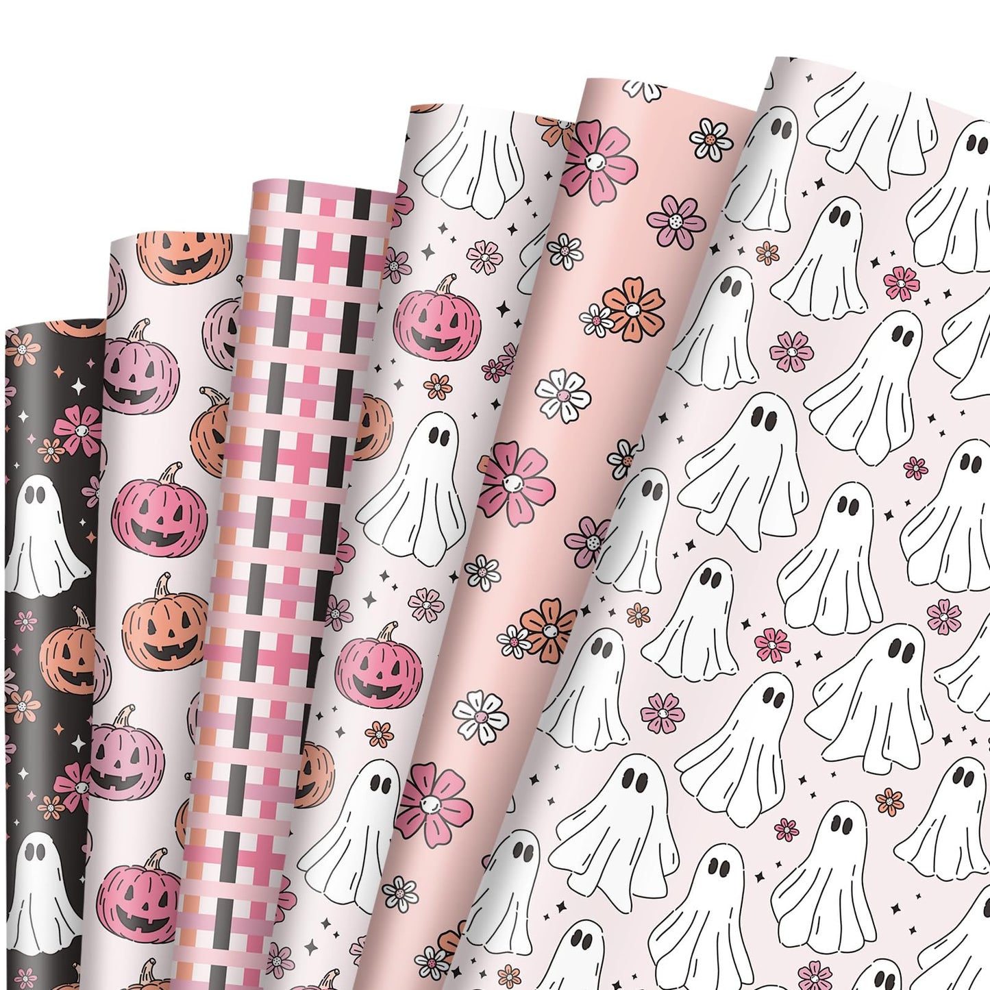 12 Sheets Halloween Wrapping Paper - Not Roll - Pink White Ghost Pumpkin Gift Wrap Paper Folded Flat Cute Art Paper for DIY Crafts, 19.7 x 27.6 Inch