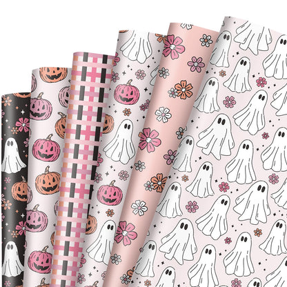 12 Sheets Halloween Wrapping Paper - Not Roll - Pink White Ghost Pumpkin Gift Wrap Paper Folded Flat Cute Art Paper for DIY Crafts, 19.7 x 27.6 Inch