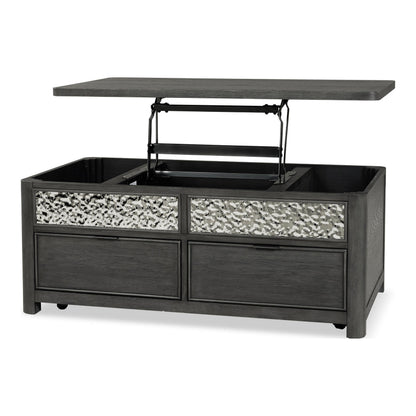 Furniture of America Selyra Modern Contemporary Solid Wood 46-inch Lift-top Rectangular Coffee Table with Dented Stainless Steel Accents, Wire Brush and Ball-Bearing Glides for Living Room, Ash Gray
