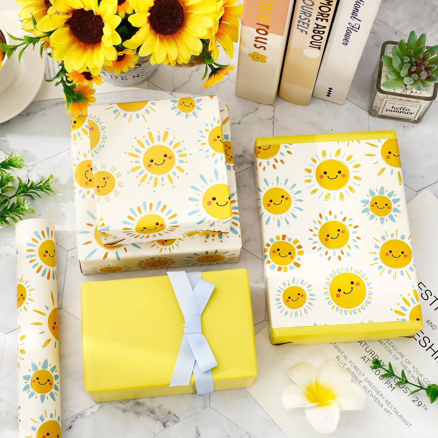 JarThenaAMCS Happy Sun Wrapping Paper - Mini Roll - 17 Inch x 32.8 Ft Blue Yellow Smile Sunshine Gift Wrap Paper Double-Sided for Summer Birthday Baby Shower Party DIY Crafts