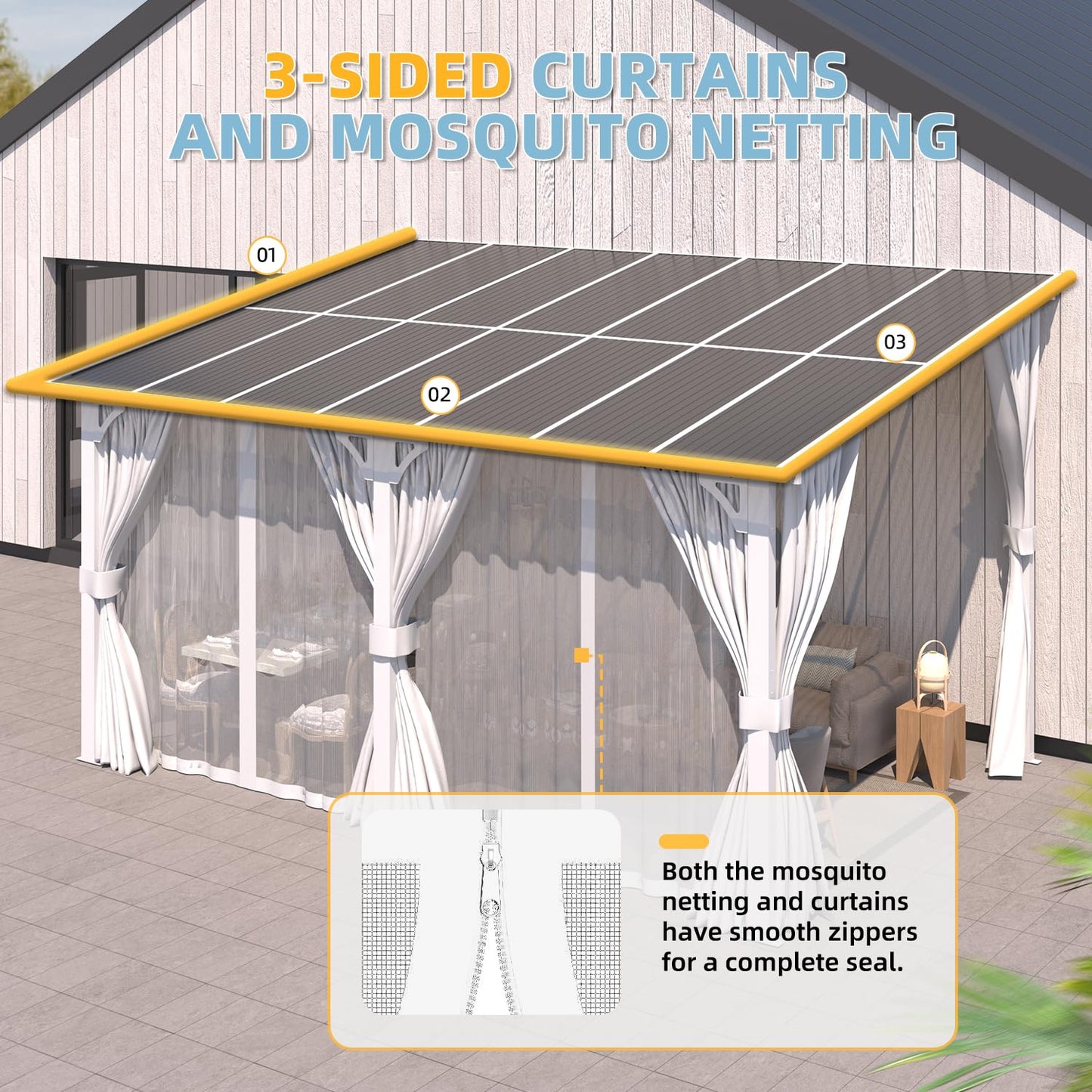 AECOJOY 14'x10' Outdoor Lean to Gazebo with Curtains and Mosquito Netting for Patio, Hard Top Wall Mounted Pergolas and Gazebos Clearance, Large Heavy Duty Metal Awnings for Decks in White
