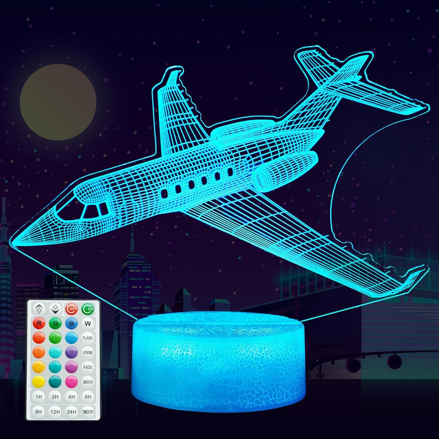 3D 16 Airplane Night Light, Plane Gifts, Aviation Illusion Night Light with Colors Changing, Remote Control with Timer