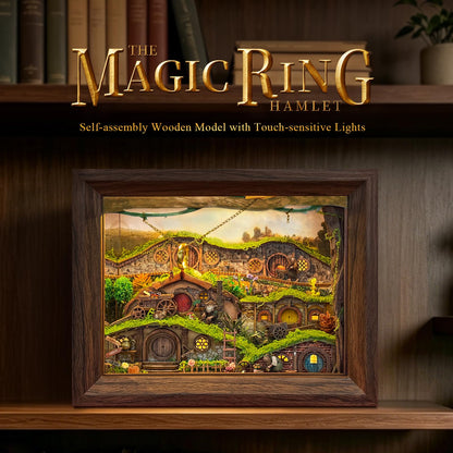 LORENOOK The Magic Ring Hamlet DIY Miniature House Shadow Box Kit – 3D Wooden Puzzle with Lights & Dust Cover, Book Nook Kits for Adults, Creative Framed Bookshelf Decor & Gift