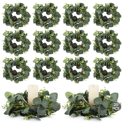 Wedding Candle Rings Wreaths, 20 Pcs Artificial Eucalyptus Leaves Wreaths for Summer, Spring and All Seasons, Green Eucalyptus Leaves for Home Decoration Rustic Farmhouse Decor Party Home Table Decor