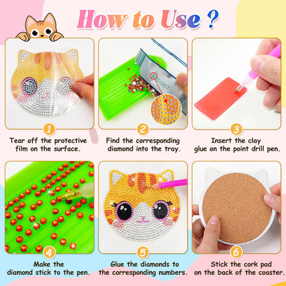 ZTOTZ Cat Diamond Art Painting Coaster Kit, 8Pcs DIY Cute Cat Face Diamond Crafts Kit with Holder, Non Slip Coaster Art Supplies for Adults, The Perfect Christmas and Holiday Gifts