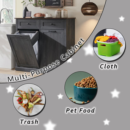 IFGET Double Tilt Out Trash Cabinet, 20 Gallon Farmhouse Laundry Hamper Cabinet with 2 Drawers, Hidden Wooden Trash Can Cabinets with Storage Basket for Kitchen, Living Room (Dark Grey)