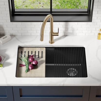 KRAUS Bellucci 30” in. Undermount Workstation Granite Kitchen Sink in Metallic Black with Accessories, KGUW2-30MBL