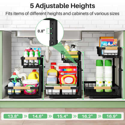Kitstorack Under Sink Organizer, 2 Tier Under the Sink Storage, Slide out Pull out Cabinet Organizer Shelf, Metal Sliding Drawer for Kitchen Bathroom Pantry Closet Organization Rack, Black, 2 Pack