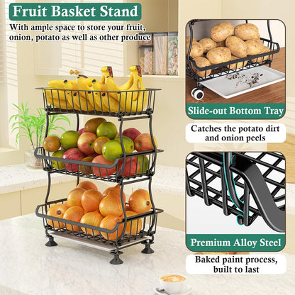 3-Tier Rolling Pantry Floor Organizer and Storage Cart with Wheels, Stackable Wire Pantry Baskets for Pantry Shelves, Kitchen Fruit Basket Stand and Storage Rack for Fruit Snack Onion Potato