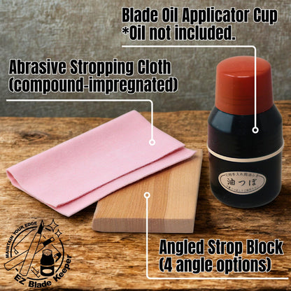 KAKURI Wood Carving Tool Sharpening Kit - Quick & Easy Strop System for Polishing & Deburring - Abrasive Stropping Cloth, Angled Strop Block, Blade Oil Applicator - Made in Japan