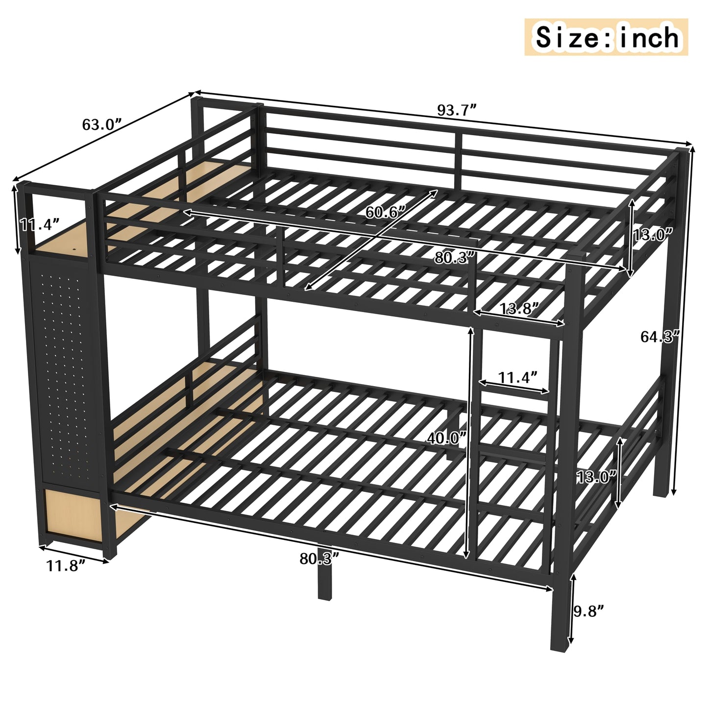 Bellemave Queen Over Queen Metal Bunk Bed with Storage Drawers and Shelves, Heavy Duty Bunk Beds with Pegboard and Coat Rack for Kids, Adults,Black