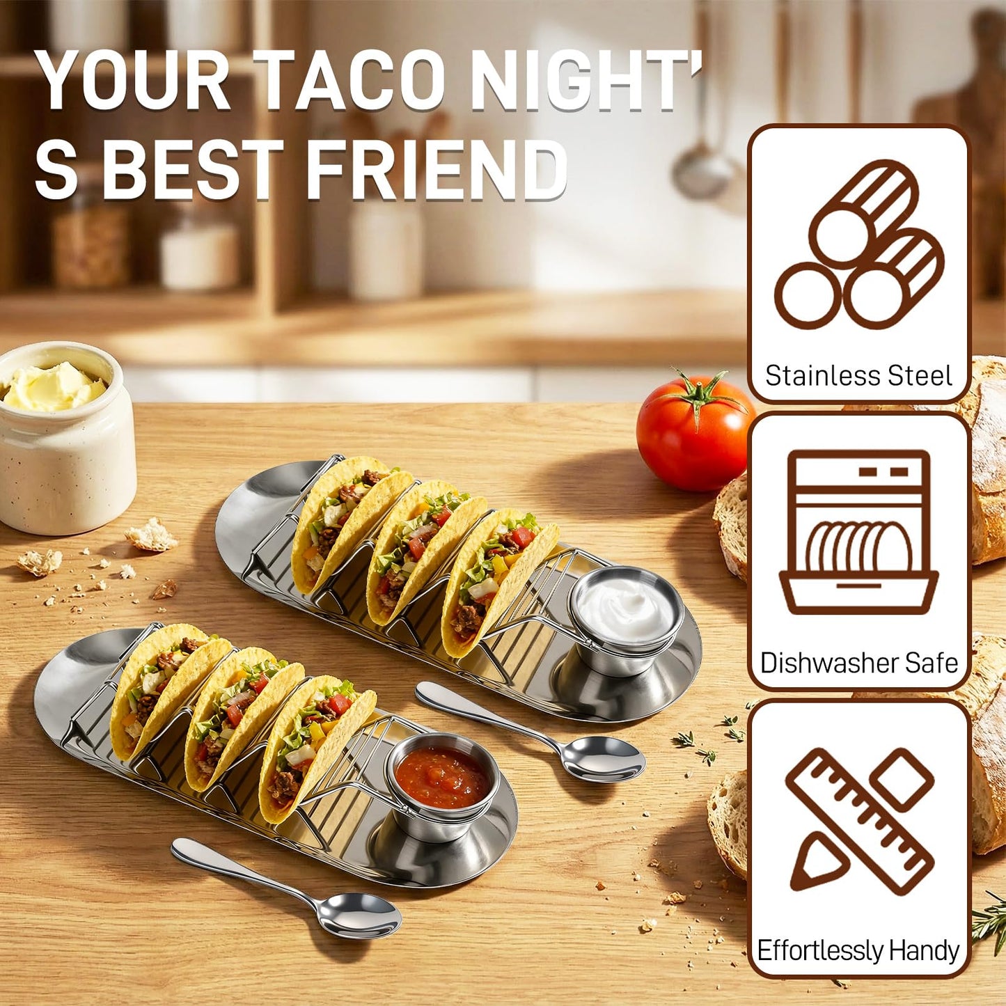 Fernlandia Taco Holders Set of 2 - Stainless Steel Taco Stand Rack with Tray, Sauce Cups & Spoon, for Party, Dishwasher Safety