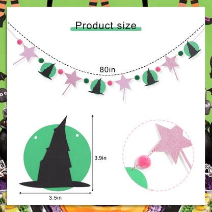 Witch Garland Banner – Pink Fairy Wand and Witch Hat Garland with Pom Poms, Halloween Magic Party Decorations for Girls Birthday, Wizard Theme Decor