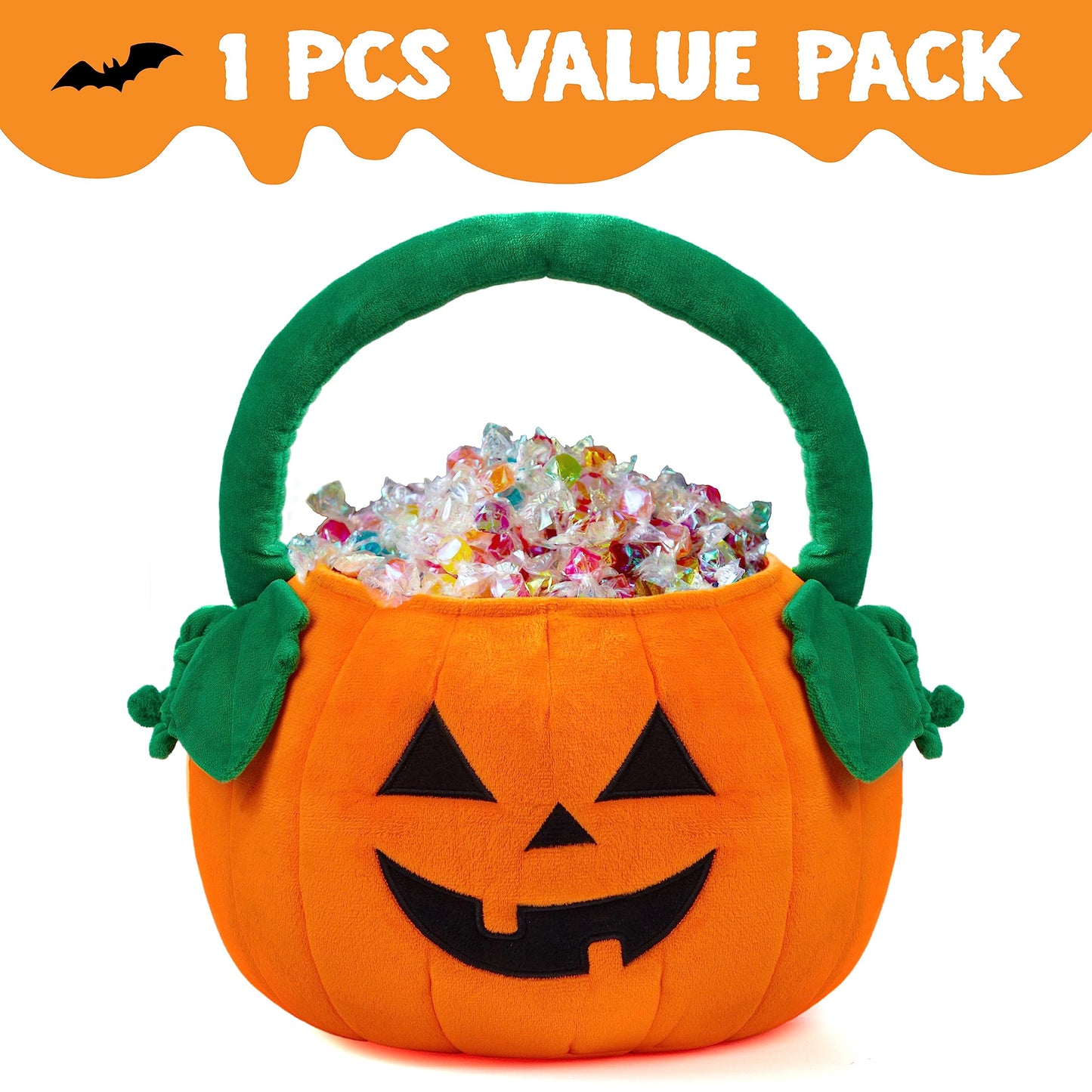 JOYIN Halloween Pumpkin Plush Tote Bucket, 11 X 13.4 inches Candy Trick or Treat Bag, Cute Halloween Basket with Handle for Kids Girl Boy Trick or Treating, Party Favor Supplies , Kids Gifts Goody Bag