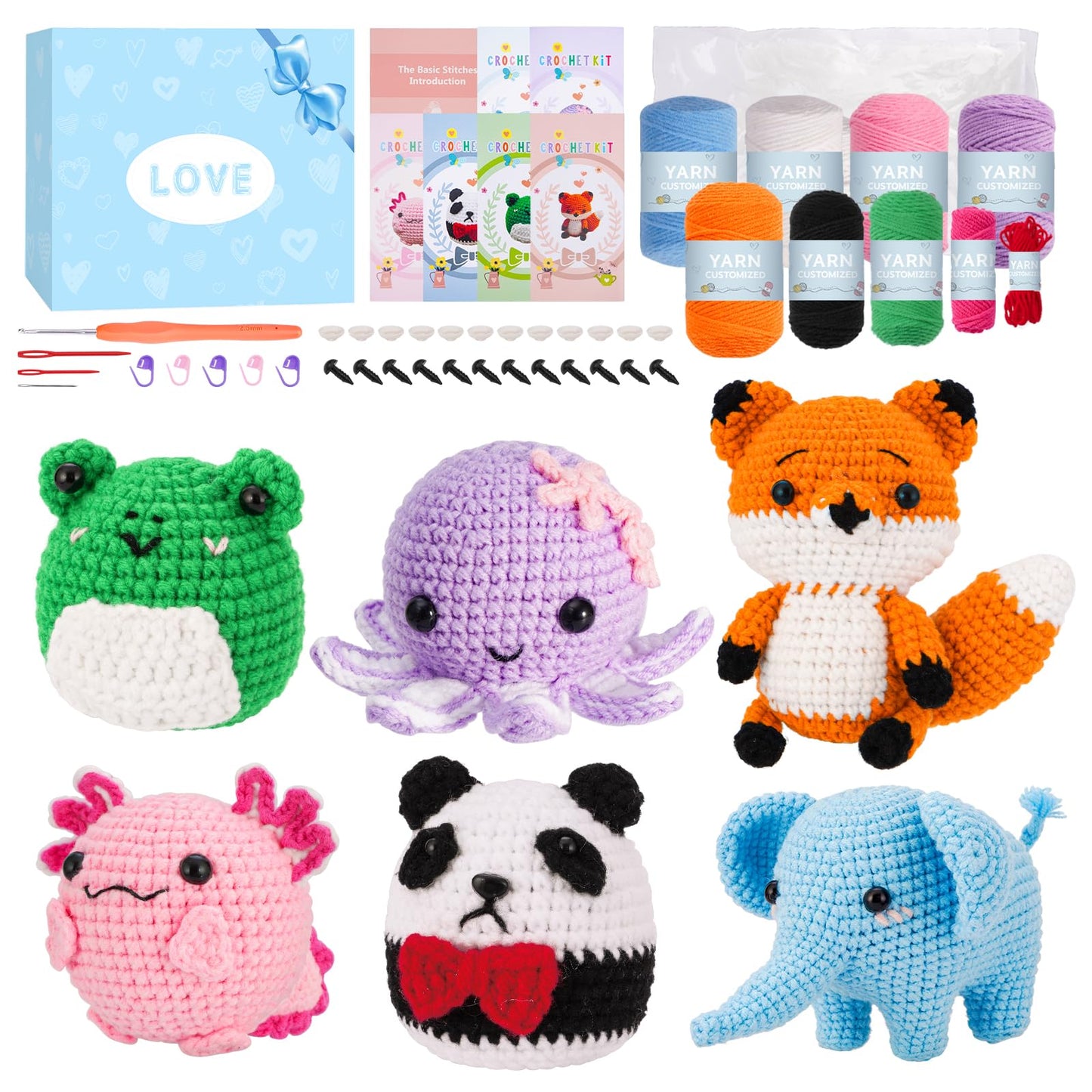 Gerute Crochet Kit for Beginners, 6 PCS Amigurumi Animal Family Starter Kit with Step-by-Step Video Tutorials & Illustrated Guide, 40% Extra Yarn, DIY Family Craft Gifts for Adults & Kids