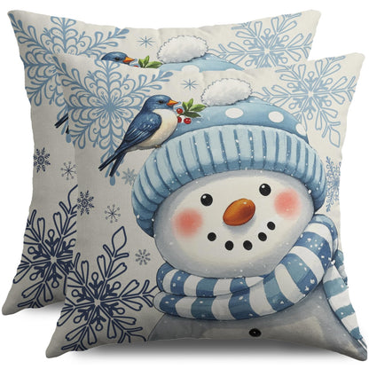Smozenith Winter Pillow Covers 18X18 Set of 2, Blue Snowman Bird Snowflakes Decorative Throw Pillowcases Outdoor Holiday Seasonal Farmhouse Cushion Cases Couch Sofa Bed Decor