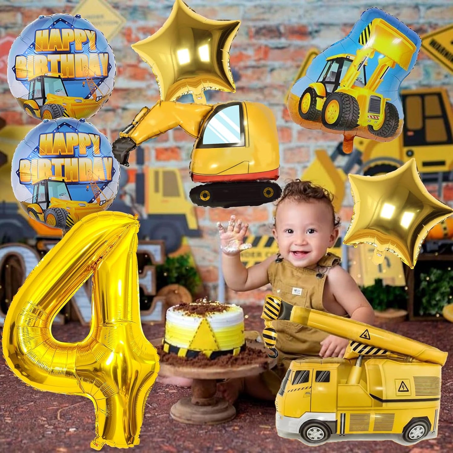 Teslite 4th 9Pcs 40 Inch 4 Bulldozer Set 4 Construction Balloons Birthday, Gold Number Balloons with Large Excavator