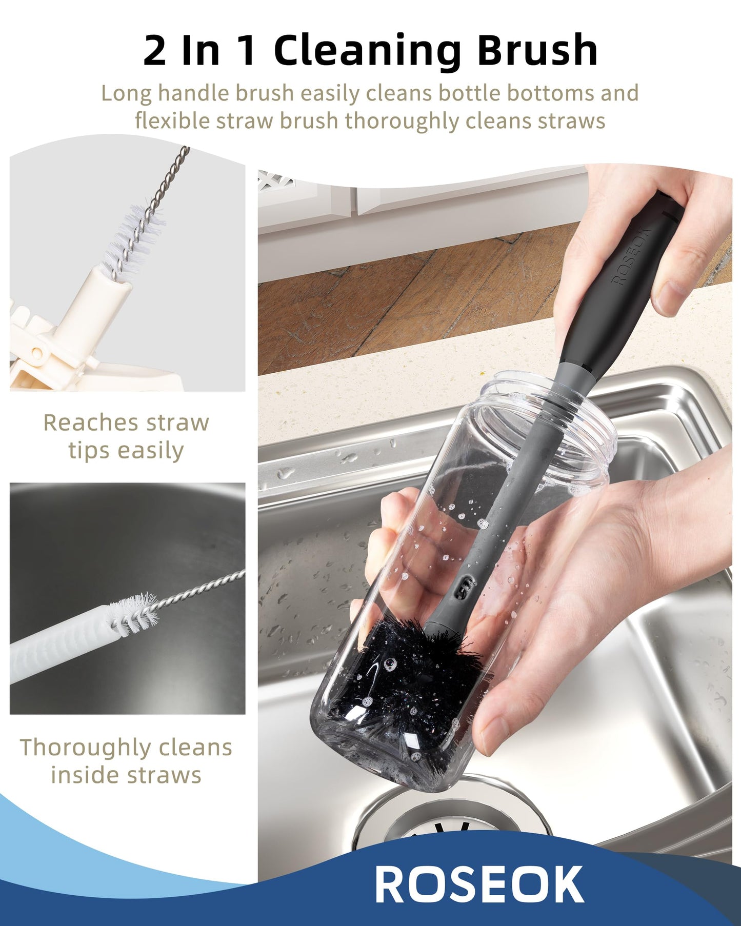 ROSEOK 2 in 1 Long Handle Bottle Brush with Straw Brush for Cleaning Glass, Sports Bottle, Coffee Mug, Black, 1 Pack
