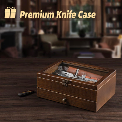 Knife Display Case Knife Collection Display Holder with Glass Lid, 2-Layer Wooden Pocket Knife Case with Drawers