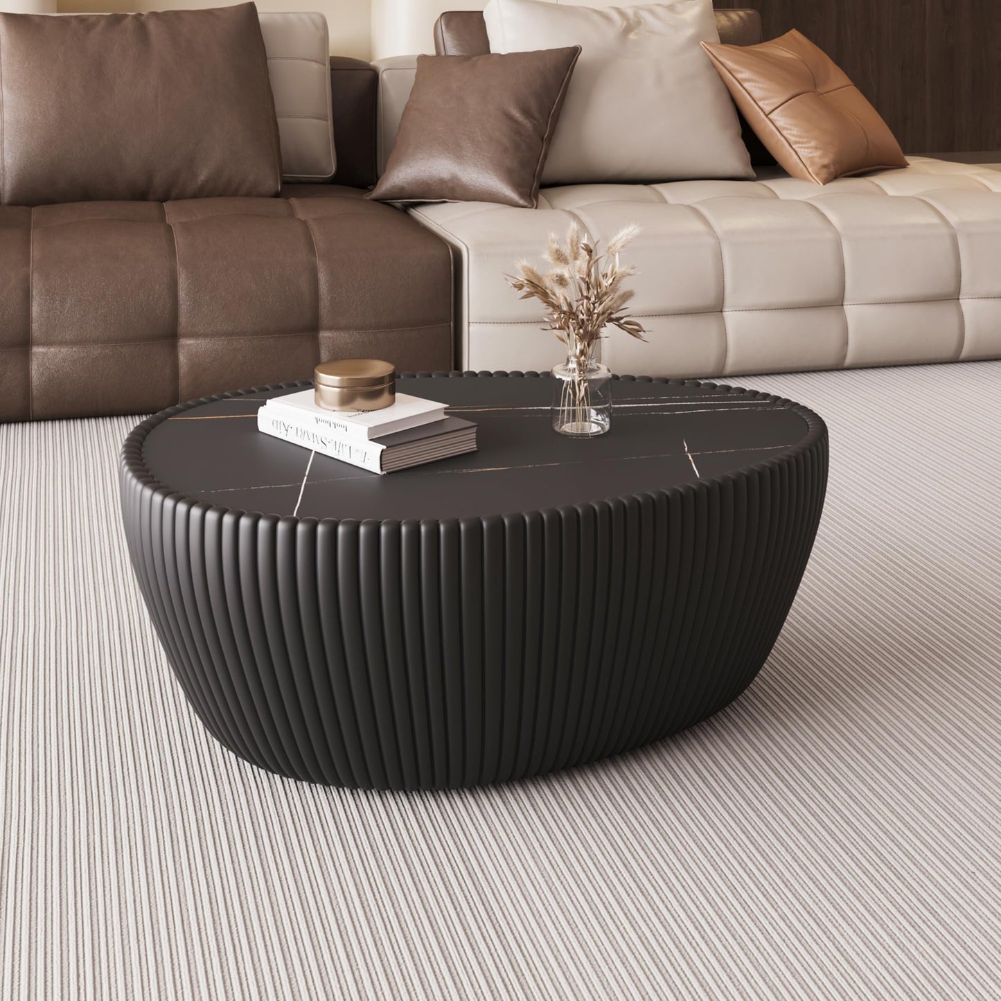 KEIKI 32.1" Goose Eggs Shape Coffee Table, Modern Sofa Side Table with Marble Top & Leather Wrap, Small End Table for Living Room, Bedroom, Office, Black