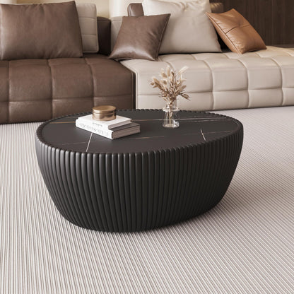 KEIKI 32.1" Goose Eggs Shape Coffee Table, Modern Sofa Side Table with Marble Top & Leather Wrap, Small End Table for Living Room, Bedroom, Office, Black