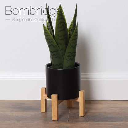 1 Pack) Bornbridge Artificial Snake Plant with Mid Century Plant Stand - Sansevieria Plant in Modern Planter