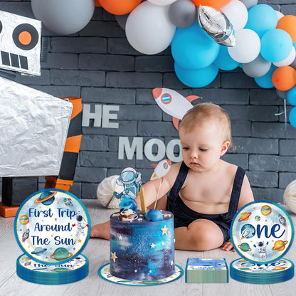 First Trip Around The Sun Decorations - 96PCS First Tirp Around The Sun Plates and Napkins Party Supplies Outer Space 1st Birthday Decorations Boy Disposable Paper Tableware Set Serves 24 Guests
