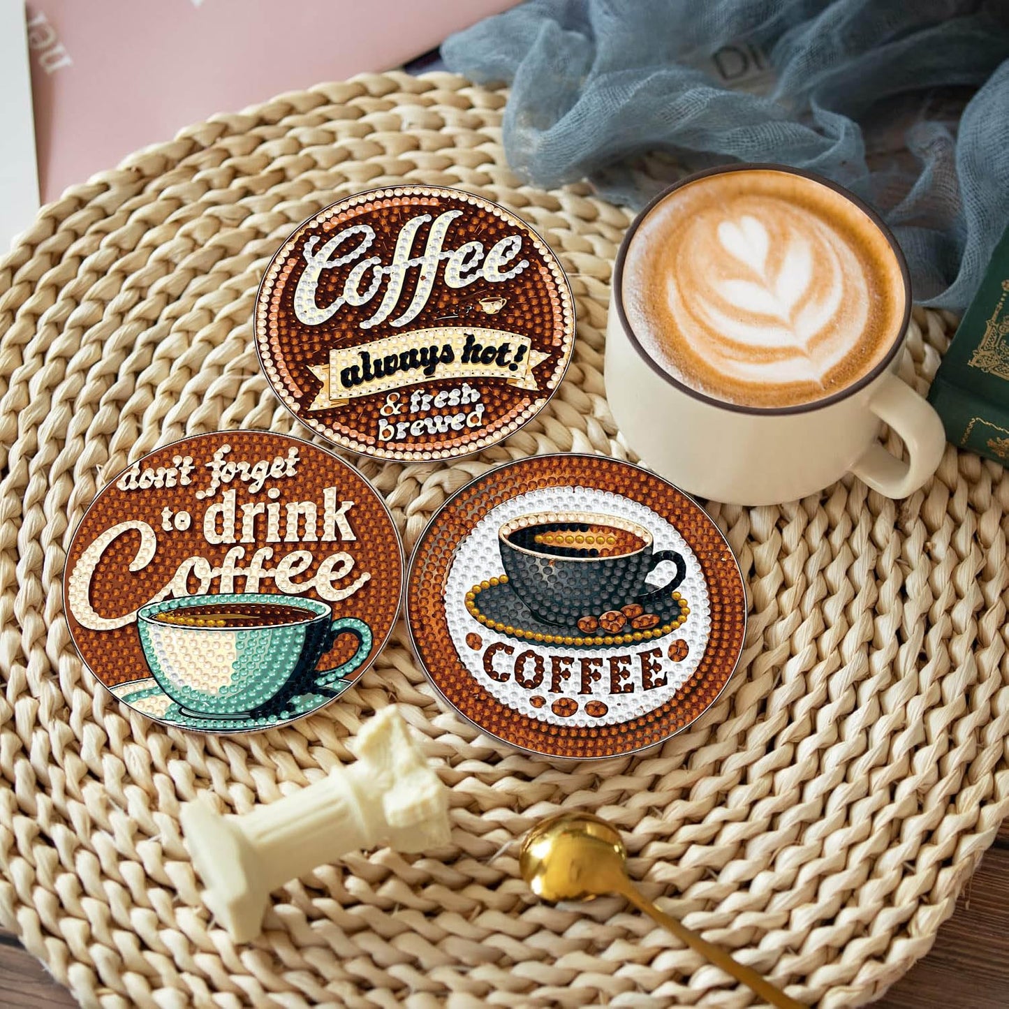 8 PCS Coffee Diamond Art Coasters Kits, Diamond Painting Coasters with Holder Set of 8, DIY Drink Art Crafts Supplies for Adults Cup Mat House Warming Gifts Non-Slip 3.9inch