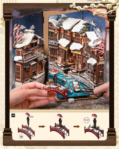 CUTEBEE Book Nook Kit - Japanese Style DIY Miniature Winter House, LED Light Bookshelf Decor Alley Dollhouse for Adults Teens, Gifts for Family (Kyoto Snow Whisper)