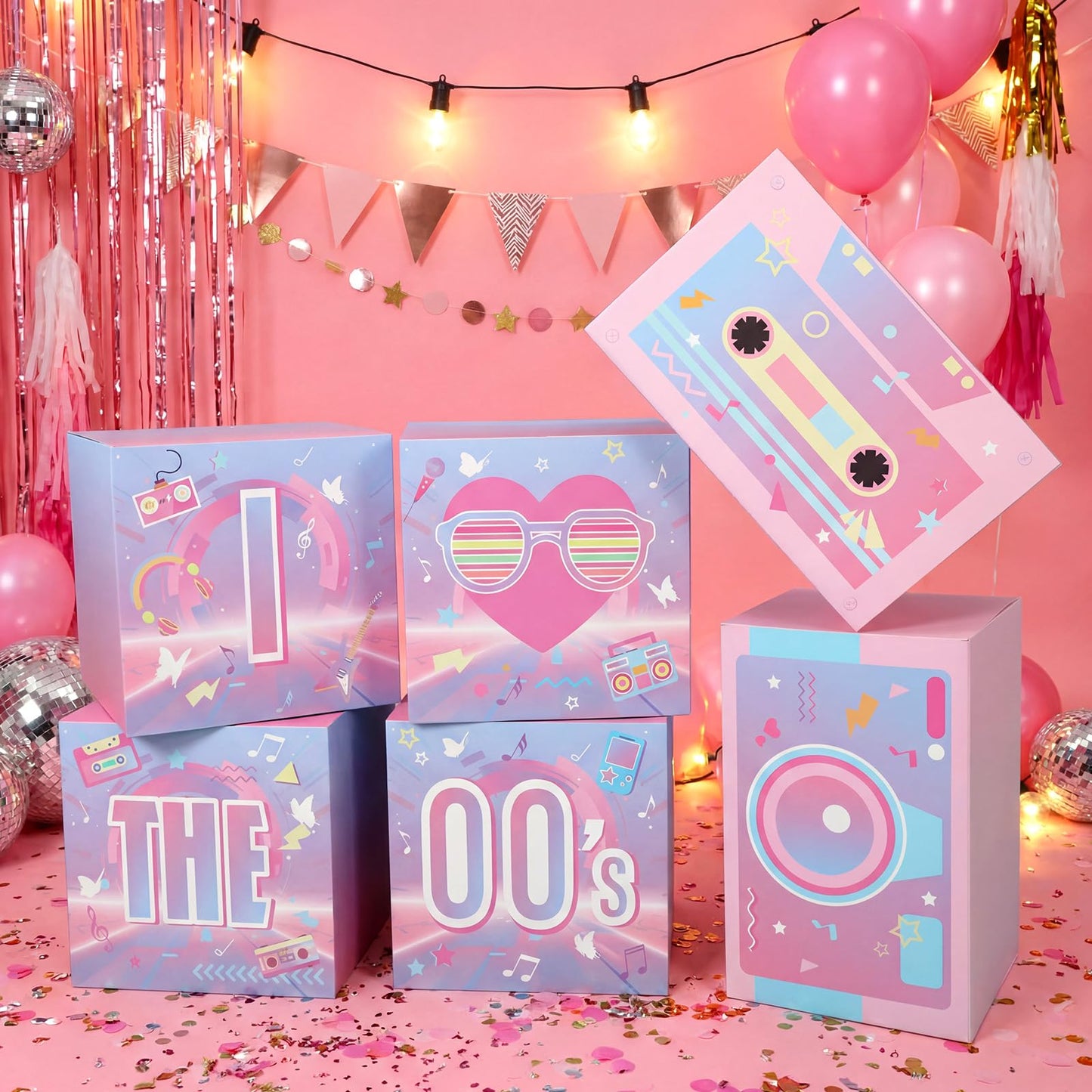 Amyhill 6 Pcs Large 00s Party Decorations Hip Hop Favor Set Paper Party Boxes Novelty Disco Theme Decoration for Retro 2000s 1990s Theme Birthday Neon Disco Music Supplies