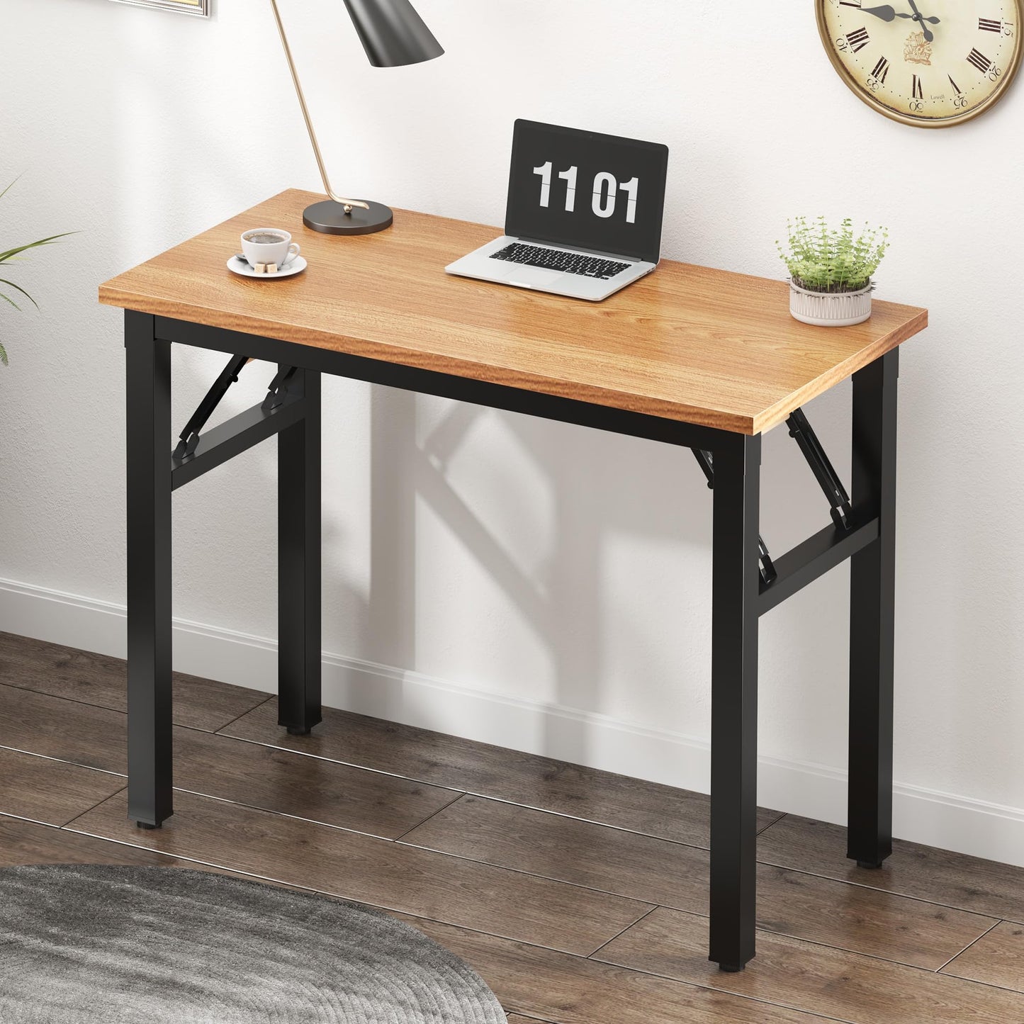 Need 31.5 Inch Folding Desk for Small Spaces, Home Office Computer Desk with Teak Wood Top & Black Frame, Foldable Writing Table for Study, Bedroom, Dorm Room & Student