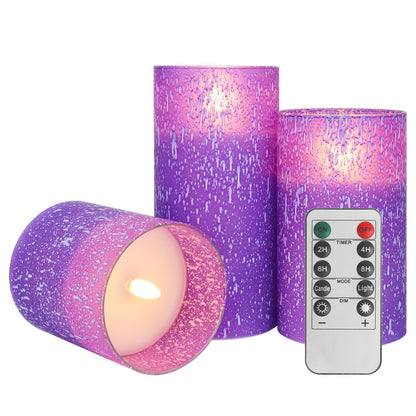 HJANDHJ Purple Flameless Candles with Remote, Flickering Battery Operated Candles with Timer, Set of 3 LED Pillar Candles for Outdoor Indoor Wedding Home Party Decor