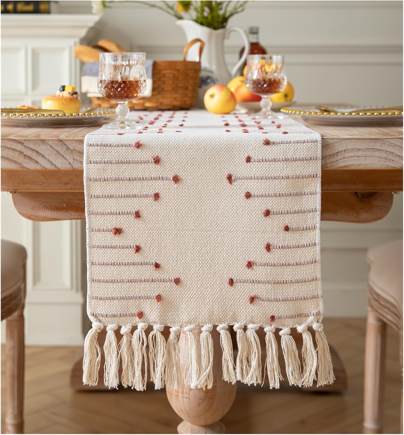 13 48 Inch Caflife Boho Table Runner x Long Natural Cotton Woven Runner with Tassels for Home Dining Table dcor