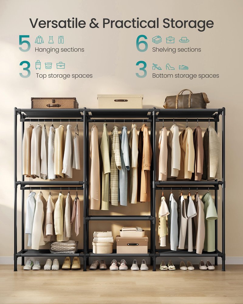 SONGMICS Clothes Rack, Portable Closet, Heavy-Duty Wardrobe Closet Organizer with Hanging Rails and Shelves, 79.9 Inches Tall, Total Load 297 lb, Easy Assembly, for Bedroom, Ink Black URDR212BZ01