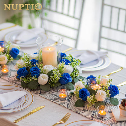 NUPTIO Flower Candle Rings for Centerpieces: 13.4 Inch Rose Wreath for Wedding Party Christmas - Royal Blue & White Wreaths for Spring Summer Front Door Porch Table Decor 6 Pcs