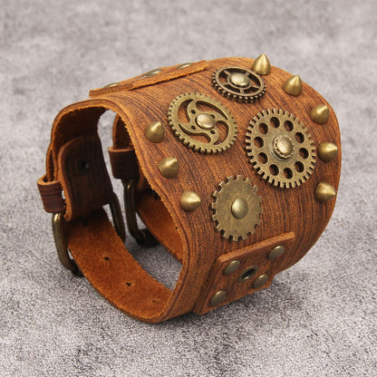 GelConnie Brown Leather Cuff Bracelet for Men Steampunk Gear Studded Wristband Punk Vintage Bracelet Adjustable Jewelry Gift