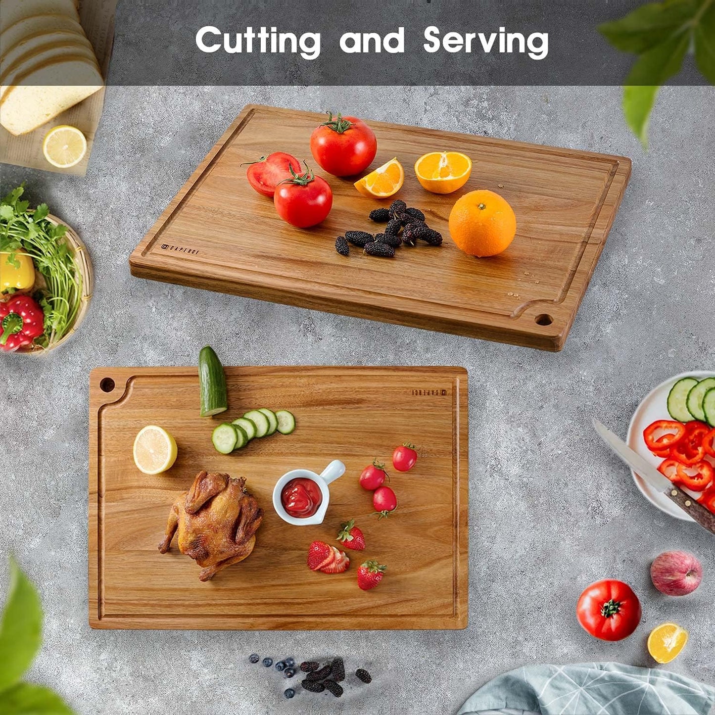 20 14 Inch Extra Large Acacia Wood Cutting Board x - Caperci Better Kitchen Chopping Board with Juice Groove & Handle