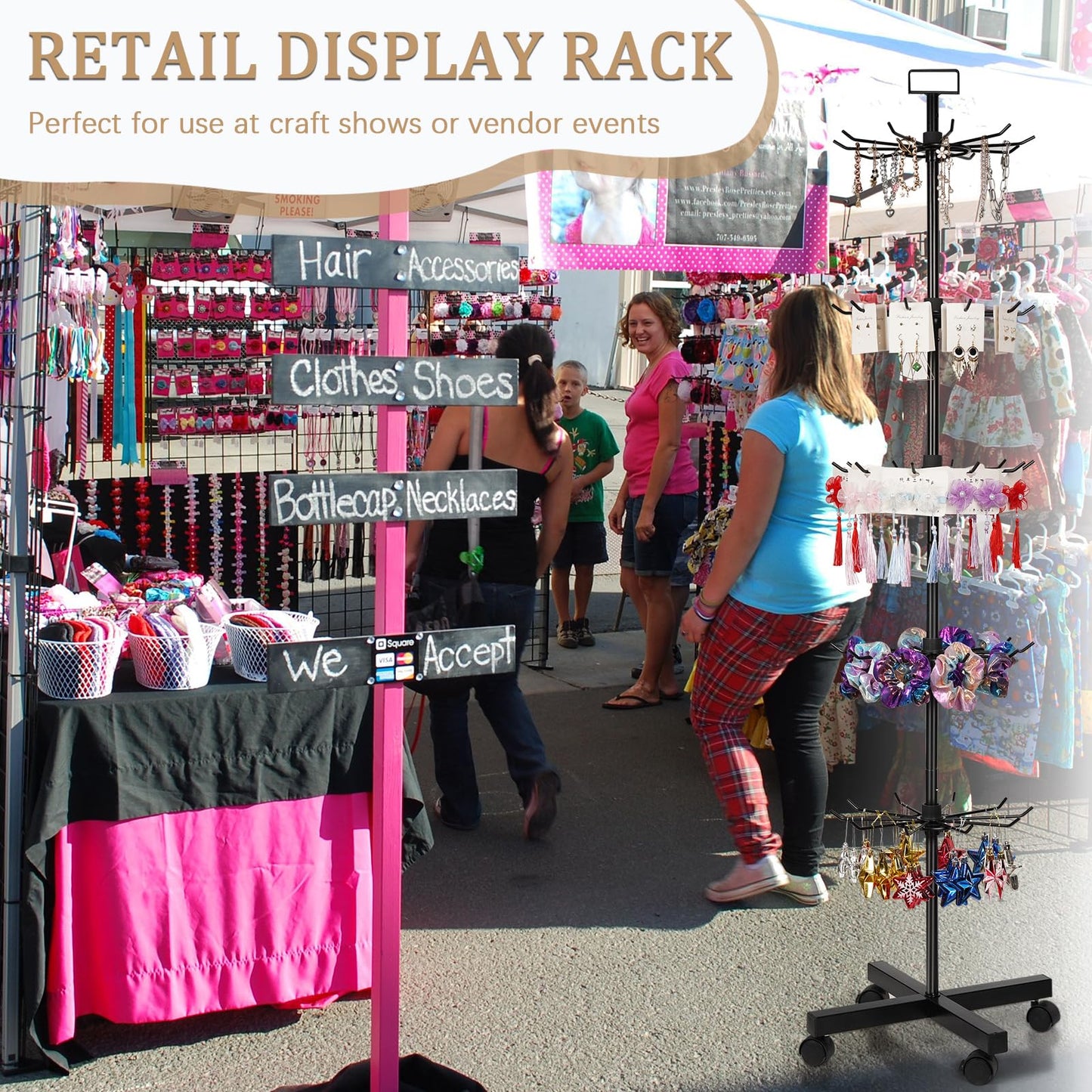 Exttlliy 5-Tier Metal Spinning Display Stand Rack with Wheels, Black Iron, 50 Hooks, Lockable Wheels, Ideal for Jewelry, Accessories, Foods