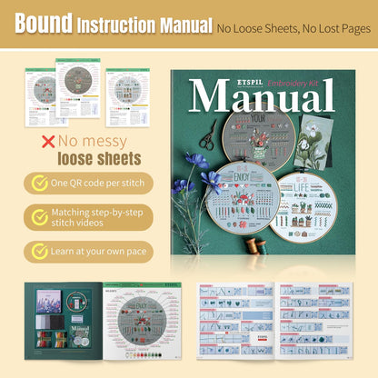 ETSPIL Embroidery Kit for Beginners, Magnetic Needle Minder & 4K Video Tutorials, Pre-Printed Floral Patterns, Bound Guide, Relaxing Screen-Free Craft for Women at Home