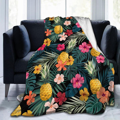 Perinsto 80"X60" Palm Leaves Hibiscus Flowers Hawaii Throw Blanket Ultra Soft Warm All Season Tropical Pineapples Fruit