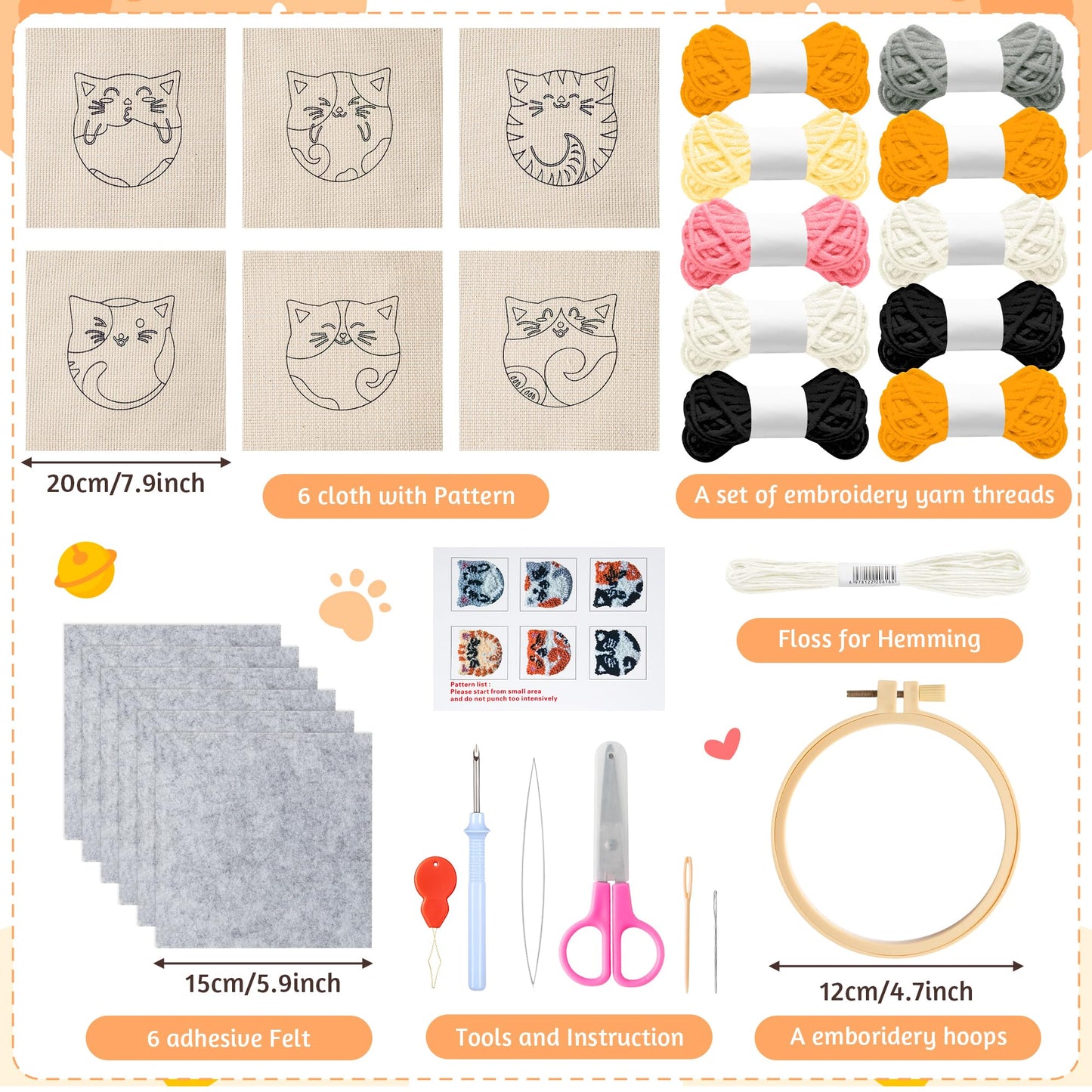 WATINC Cats Punch Needle Coaster Kit - 22Pcs Easy Art Work Decor Craft Supply for Beginners, DIY Set of 6 Puppy Pets Pattern Tufted Rug Pads with Adhesive Felt Yarns Embroidery Hoop Tools Instruction