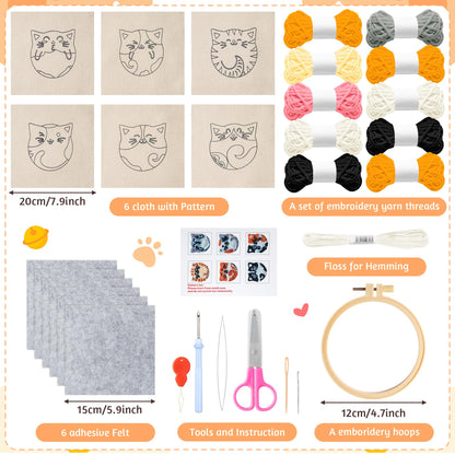 WATINC Cats Punch Needle Coaster Kit - 22Pcs Easy Art Work Decor Craft Supply for Beginners, DIY Set of 6 Puppy Pets Pattern Tufted Rug Pads with Adhesive Felt Yarns Embroidery Hoop Tools Instruction