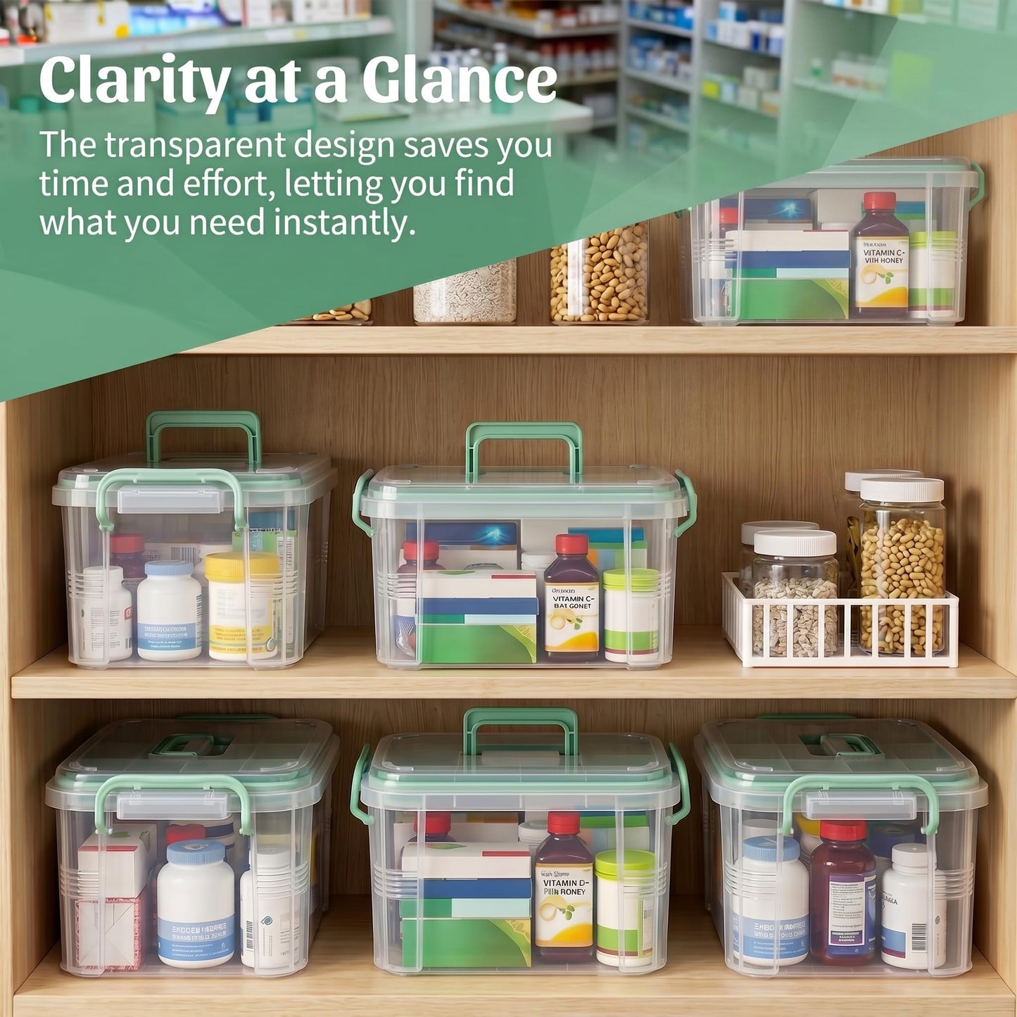 Goaste 15QT Clear Medicine Organizer Box with Handle, Plastic Medicine Container with Detachable Tray, Portable First Aid Bin Empty, Multipurpose Medical Storage Case for Home, Craft Supplies, Green