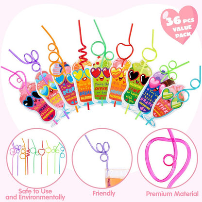 JOYIN 36 Pack Valentines Day Gift Cards with Colorful Loop Reusable Drinking Straws for Kids Valentine Party Favor, Classroom Gift Exchange, School Prizes
