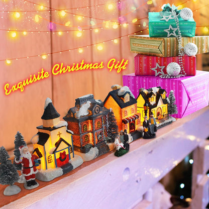 Skiennix Christmas Village Set | LED Lighted Houses with Figurines | Collectible Indoor Decor