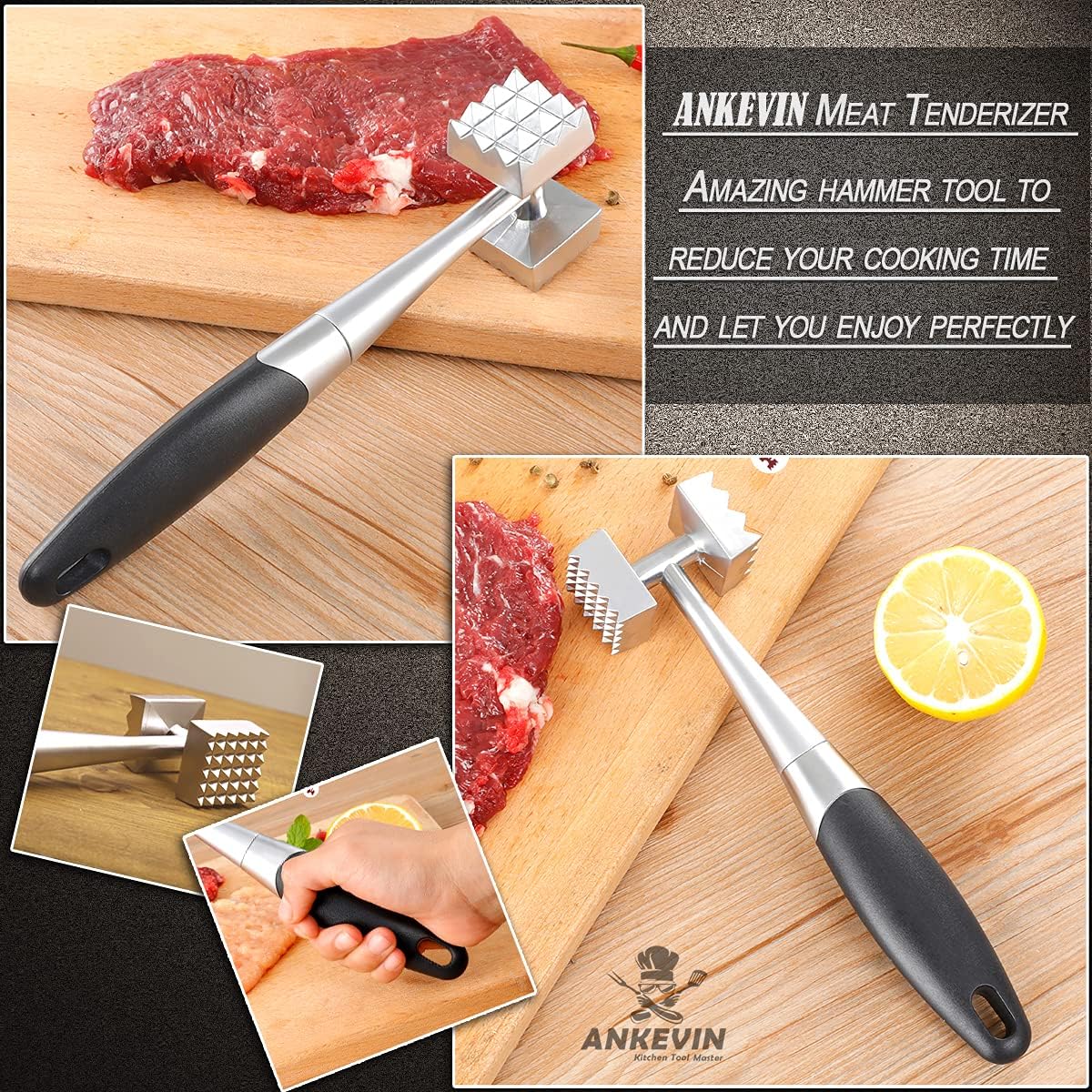 Meat Tenderizer Tool, 8.8 inches Dual-Sided Nails Meat Mallet with Rubber Comfort Grip Handle for Steak, Chicken, Fish