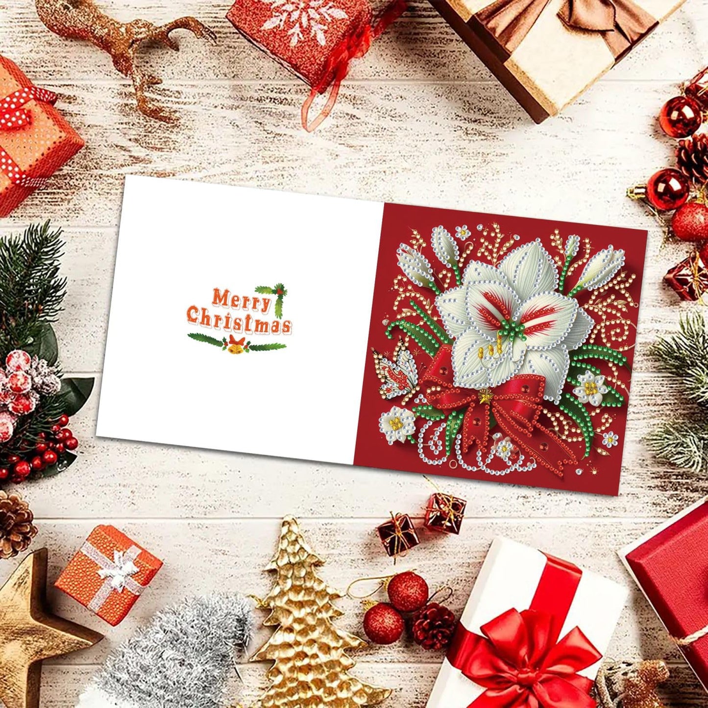DIY Diamond Art Painting Greeting Cards Set, 5D DIY Diamond Christmas Halloween Blessing Greeting Wish, Birthday Card Making Kits for Family Friends Handmade Gift-Poinsettia-1