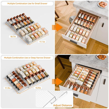 Yieach 8 Pack Adjustable In Drawer Spice Organizer - Expandable From 11'' to 22'' - Acrylic Drawer Seasoning Organizer,Clear Spice Organization Tray for Cabinet Drawers Condiment,Nail Polish and Jar
